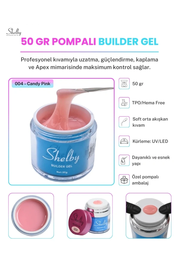 Shelby Pompalı Builder Jel 004 Candy Pink (Şeker Pembe) – 50 gr