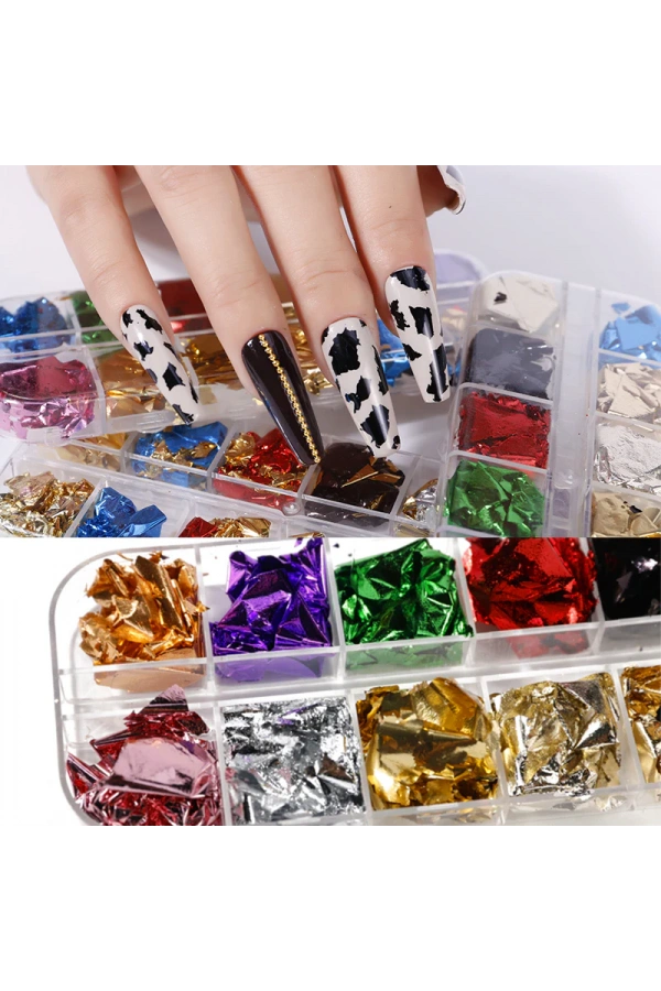 Renkli Metalik Folyo Seti – Nail Art Dekorasyonu 12li
