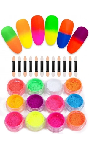 Neon Tırnak Süsleme Tozu Seti – 12 Renk (Aplikatörlü)