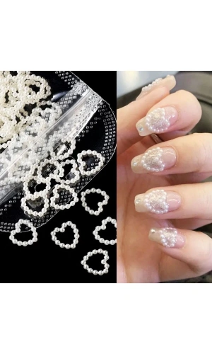 İnci Detaylı 3D Kalp Charm Tırnak Süsü – 20 Adet