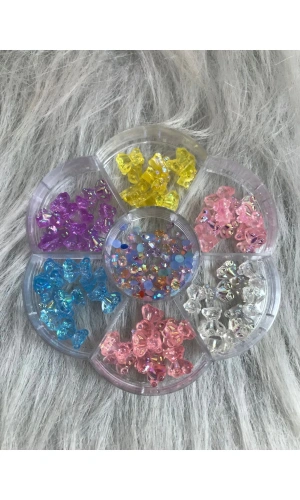 Renkli Ayıcık Charm ve Düz Tabanlı Elmas Taş Nail Art Seti