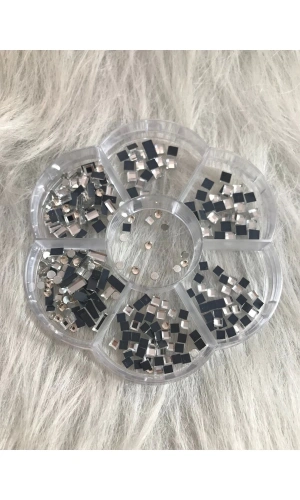 Metalik Gümüş Kare ve Yuvarlak Taş Nail Art Seti