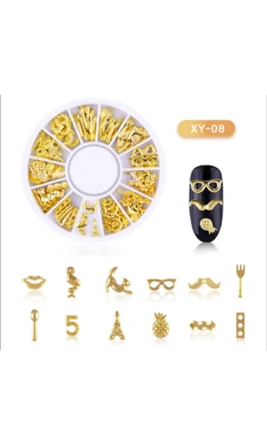 Altın Metal Figürlü Nail Art Süsleri - 12 Farklı Model