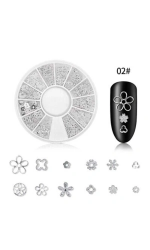 Gümüş Metal Çiçek Nail Art Süsleri - 12 Farklı Model