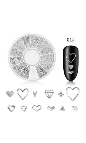 Gümüş Metal Kalp Nail Art Süsleri - 12 Farklı Model