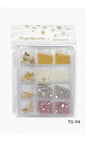 12 Bölmeli Premium Tırnak Charm Seti – Metal, İnci ve Taş Nail Art Süsleme