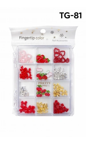 12 Bölmeli Kırmızı Figürlü Tırnak Charm Seti – Nail Art Süsleme Taşları