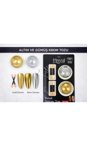 Altın ve Gümüş Krom Tırnak Süsleme Tozu Seti (Aplikatörlü)