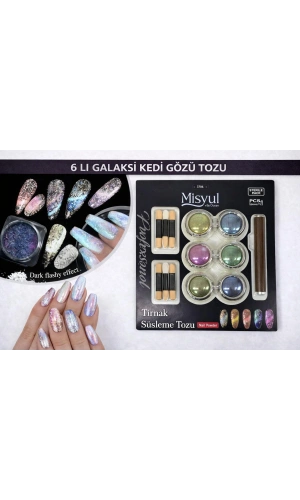 6’lı Galaksi Kedi Gözü Tırnak Süsleme Tozu Seti (Mıknatıslı – Aplikatörlü)