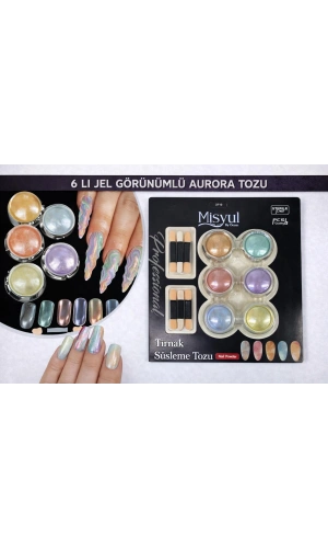 6’lı Jel Görünümlü Aurora Tırnak Süsleme Tozu Seti (Aplikatörlü)