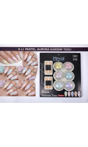 6’lı Pastel Aurora Karışım Tırnak Süsleme Tozu Seti (Aplikatörlü)