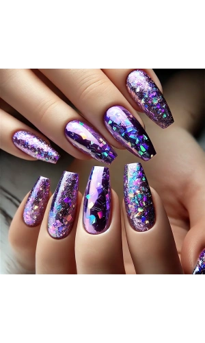 Mor Holografik Kırılmış Folyo Nail Art Süsleri – Parlak ve Işıltılı