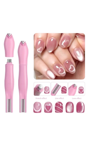 3’lü Kedi Gözü Mıknatıs Kalem – Kalp ve Çizgi Efekt Cat Eye Magnet (Pembe)