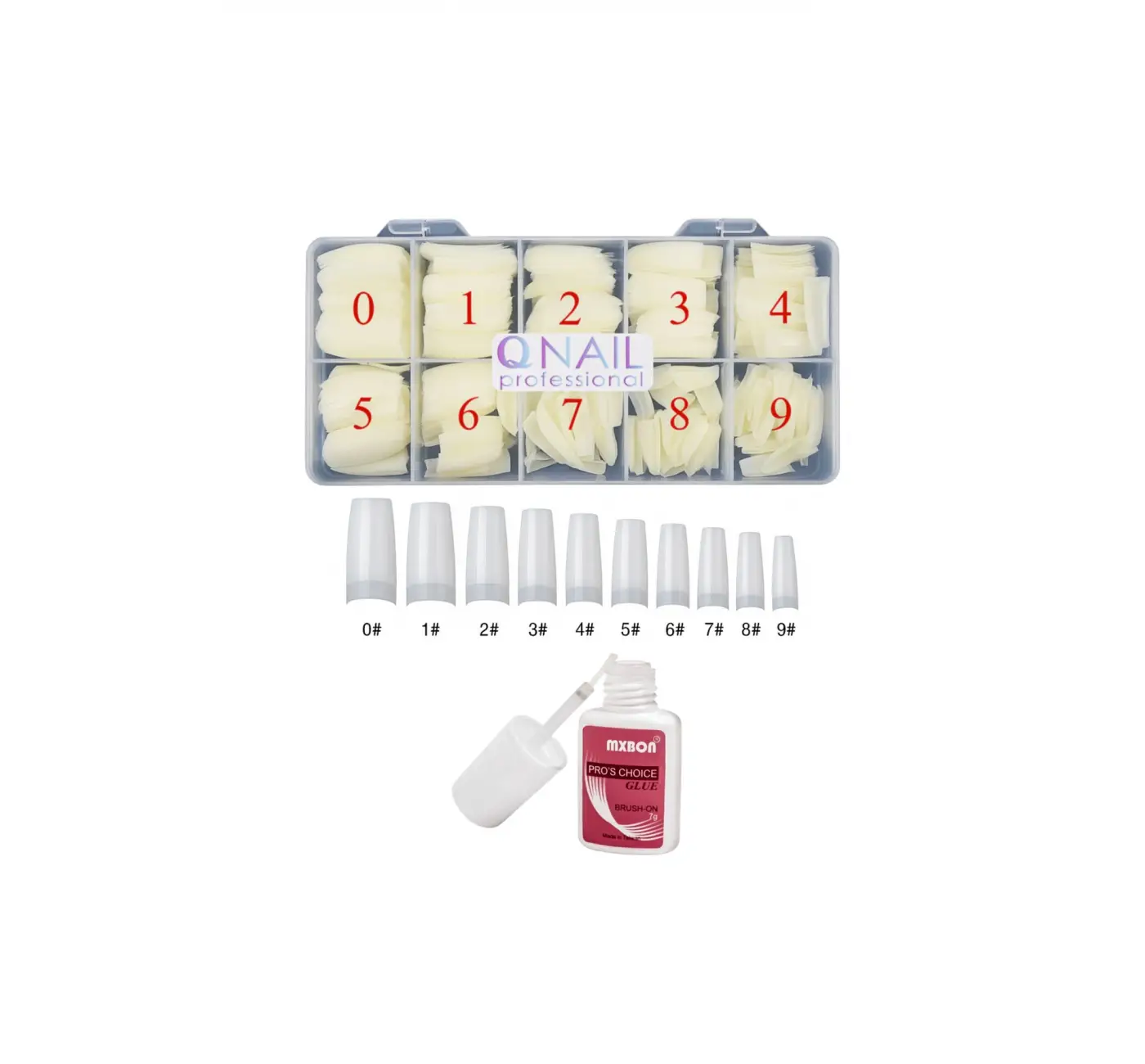 QNAIL PROFESSIONAL Protez Tırnak 500lü Kemik Yarım Ay Tips- Mxbon Fırçalı Protez Tırnak Tips Yapıştırıcı Glue 7gr set