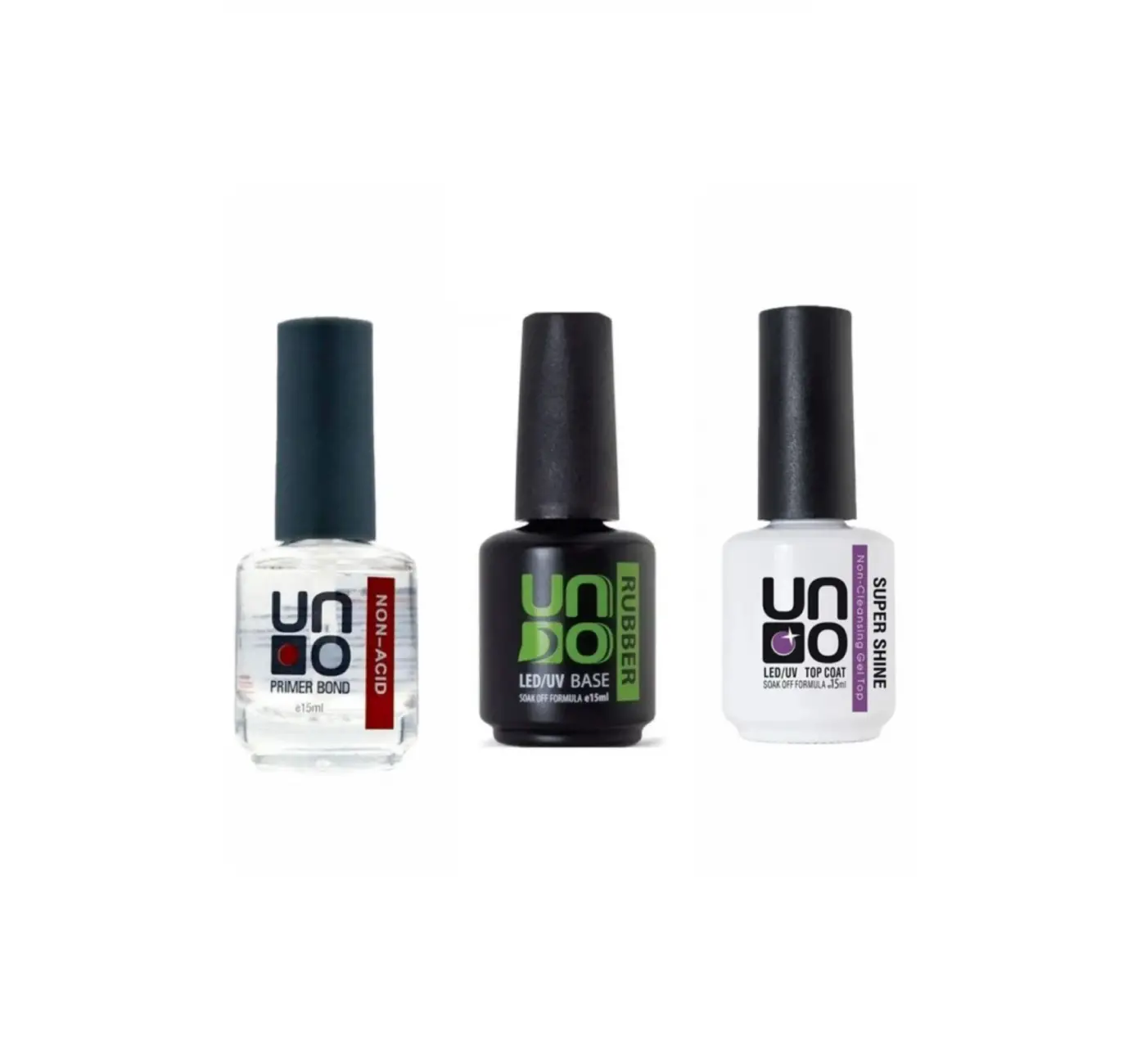 Uno rubber base coat 15 ml+Uno Super shine 15 ml+Uno Non-Acid Primer Bond 15 Ml Primer