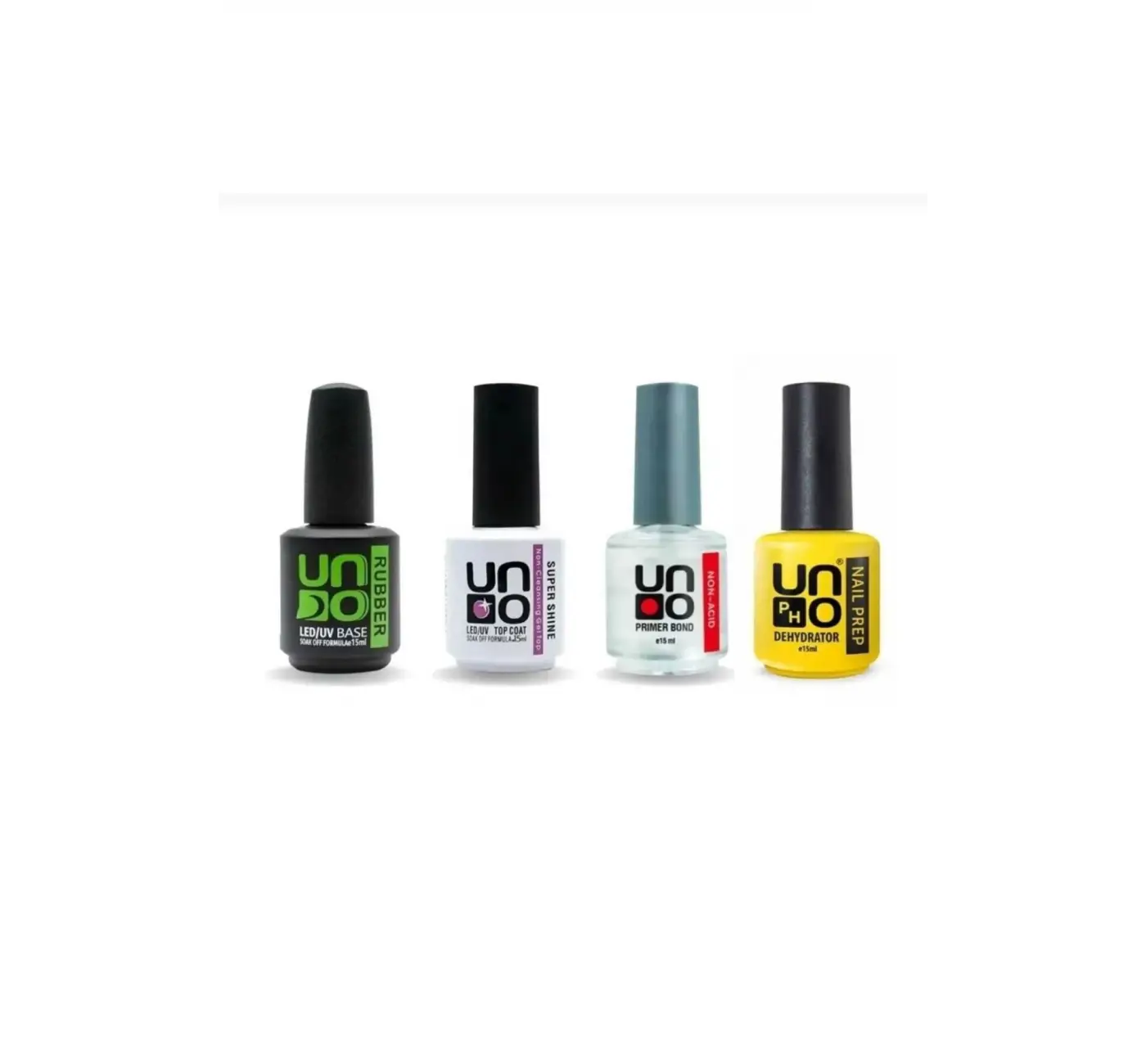 Uno rubber base 15ml+Uno super shine 15ml+Uno Non-Acid primer bond+Uno Nail Prep Dehydrator 15 mlSET