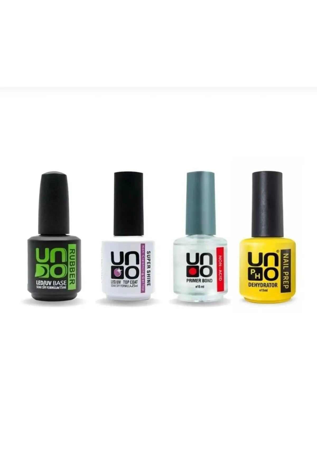 Uno rubber base 15ml+Uno super shine 15ml+Uno Non-Acid primer bond+Uno Nail Prep Dehydrator 15 mlSET