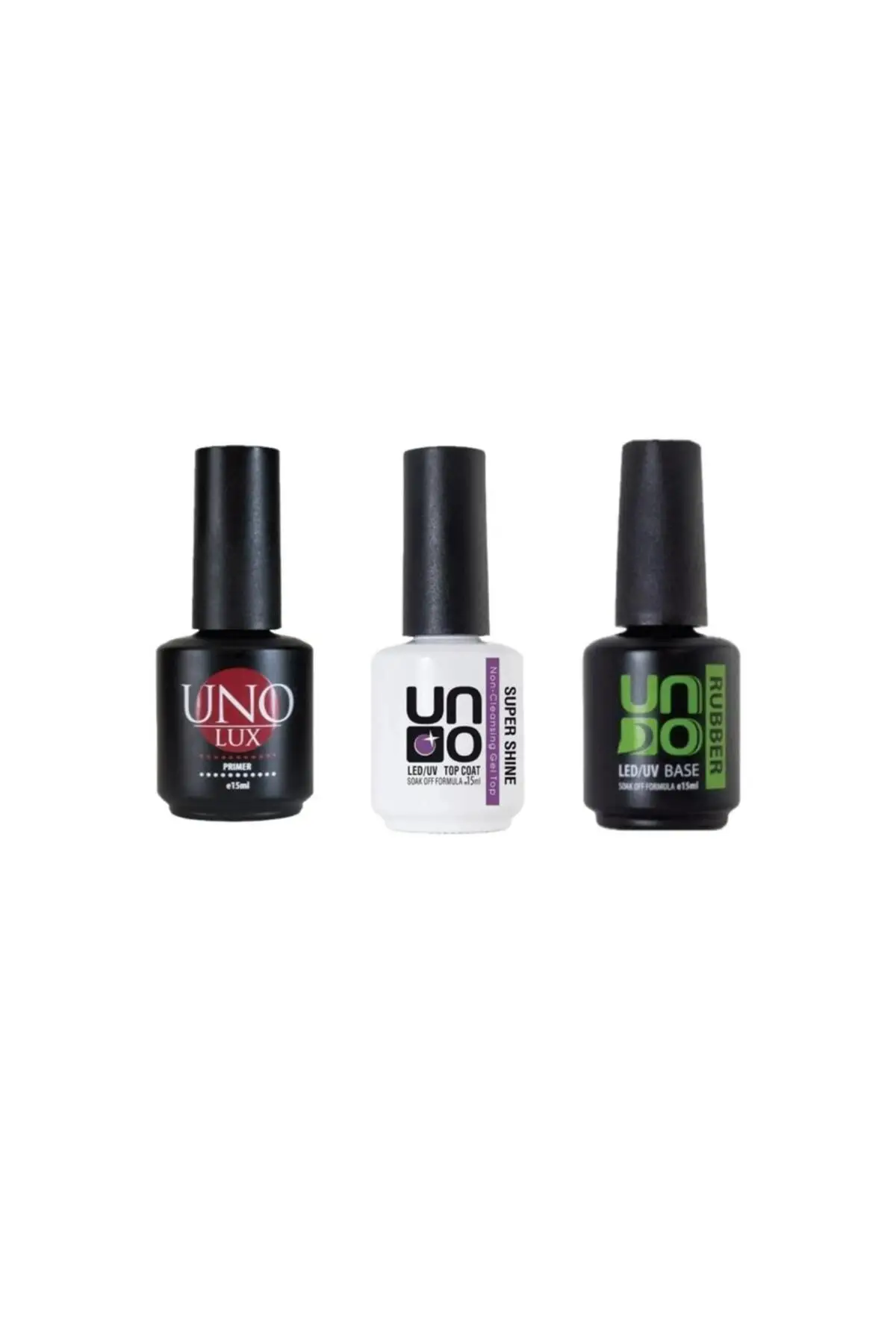Uno rubber base coat 15 ml+Uno Super shine 15 ml+UNO Lux Primer 15 Ml
