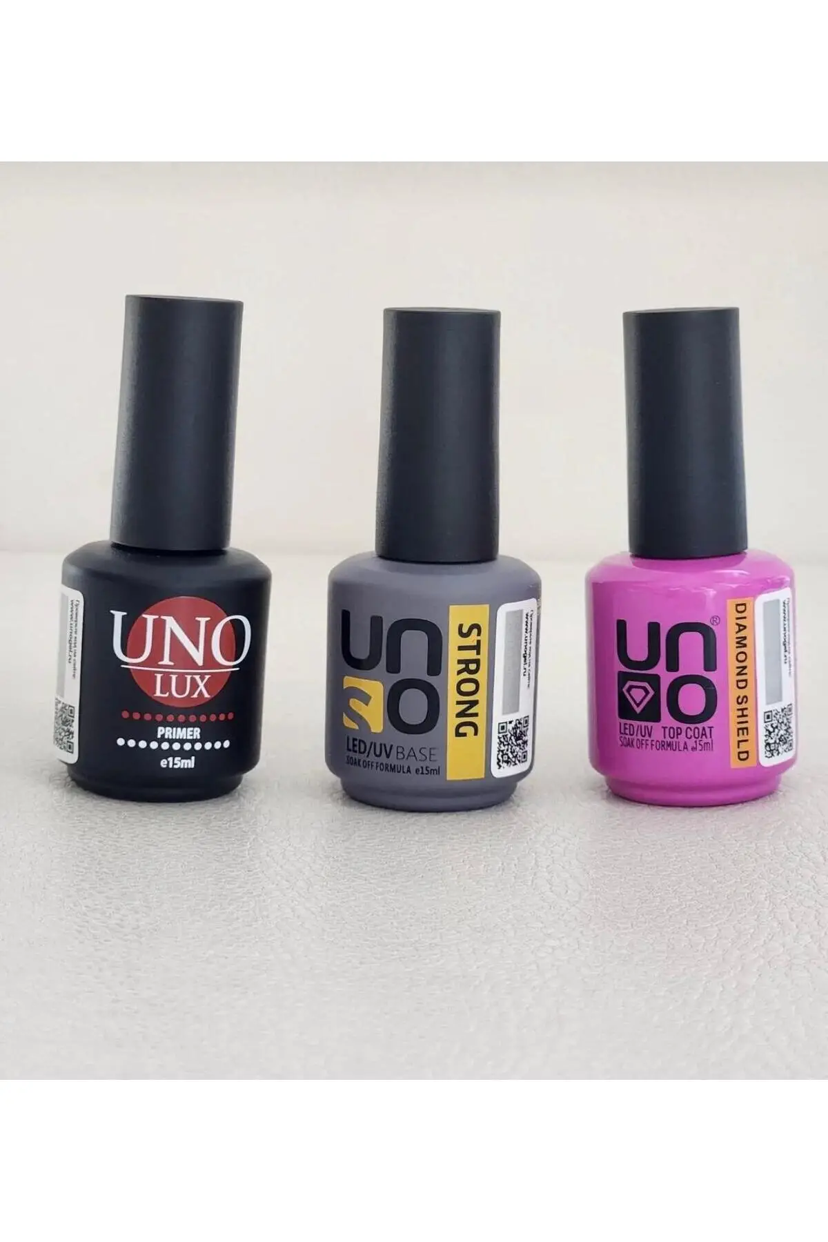 UNO GELPOLİSH Kalıcı Oje Seti Primer 15ml+ Uno Stron Base 15ml+Uno Daımond Top Coat 15ml