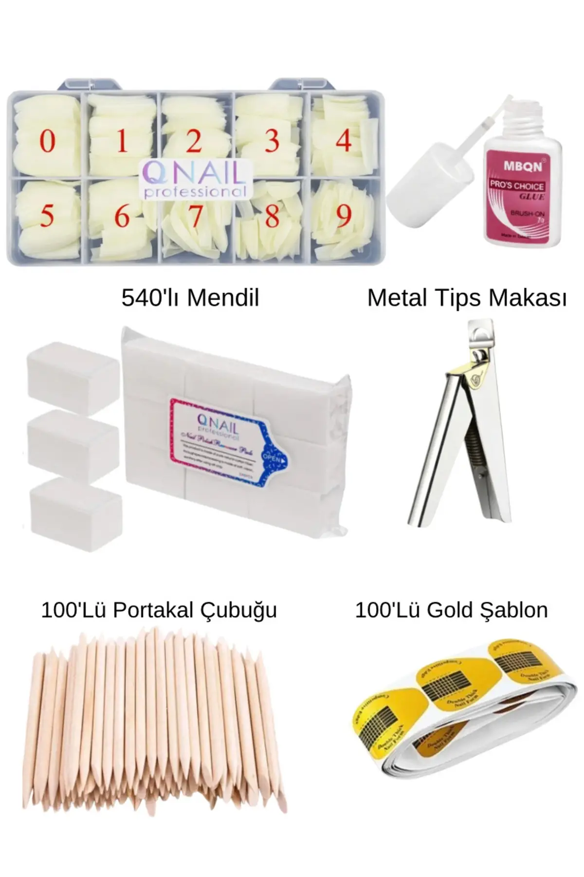 Kemik Renk Tips Mbqn 100Lü Portakal Çubuğu 100Lü Gold Şablon Metal Tips Makası 540Lı Mendil Set