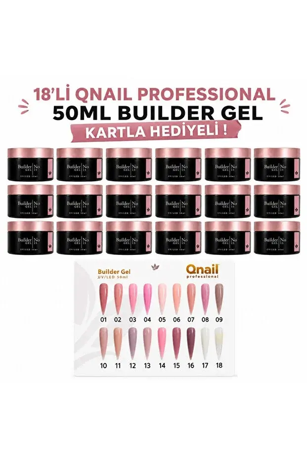 QNAİL PROFESSİONAL 18li Builder Jel 50ml Seti Kartela Hediyeli