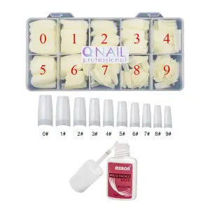 QNAIL PROFESSIONAL Protez Tırnak 500lü Kemik Yarım Ay Tips- Mxbon Fırçalı Protez Tırnak Tips Yapıştırıcı Glue 7gr set