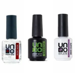 Uno rubber base coat 15 ml+Uno Super shine 15 ml+Uno Non-Acid Primer Bond 15 Ml Primer