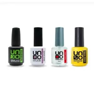 Uno rubber base 15ml+Uno super shine 15ml+Uno Non-Acid primer bond+Uno Nail Prep Dehydrator 15 mlSET