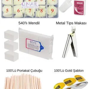 Kemik Renk Tips Mbqn 100Lü Portakal Çubuğu 100Lü Gold Şablon Metal Tips Makası 540Lı Mendil Set