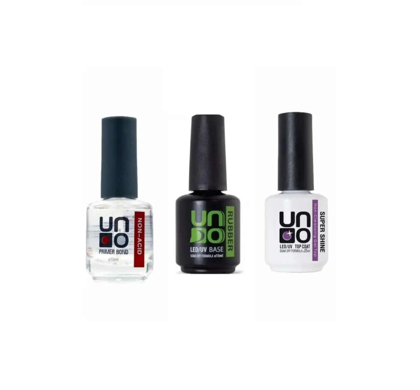 Uno rubber base coat 15 ml+Uno Super shine 15 ml+Uno Non-Acid Primer Bond 15 Ml Primer