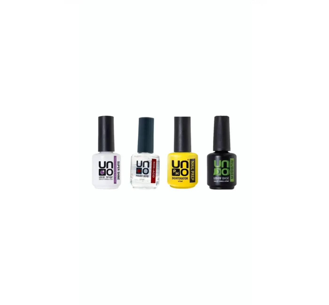 Uno super shine 15mlUno Non-Acid primer bond +Uno rubber base 15ml+Uno Nail Prep Dehydrator SETİ