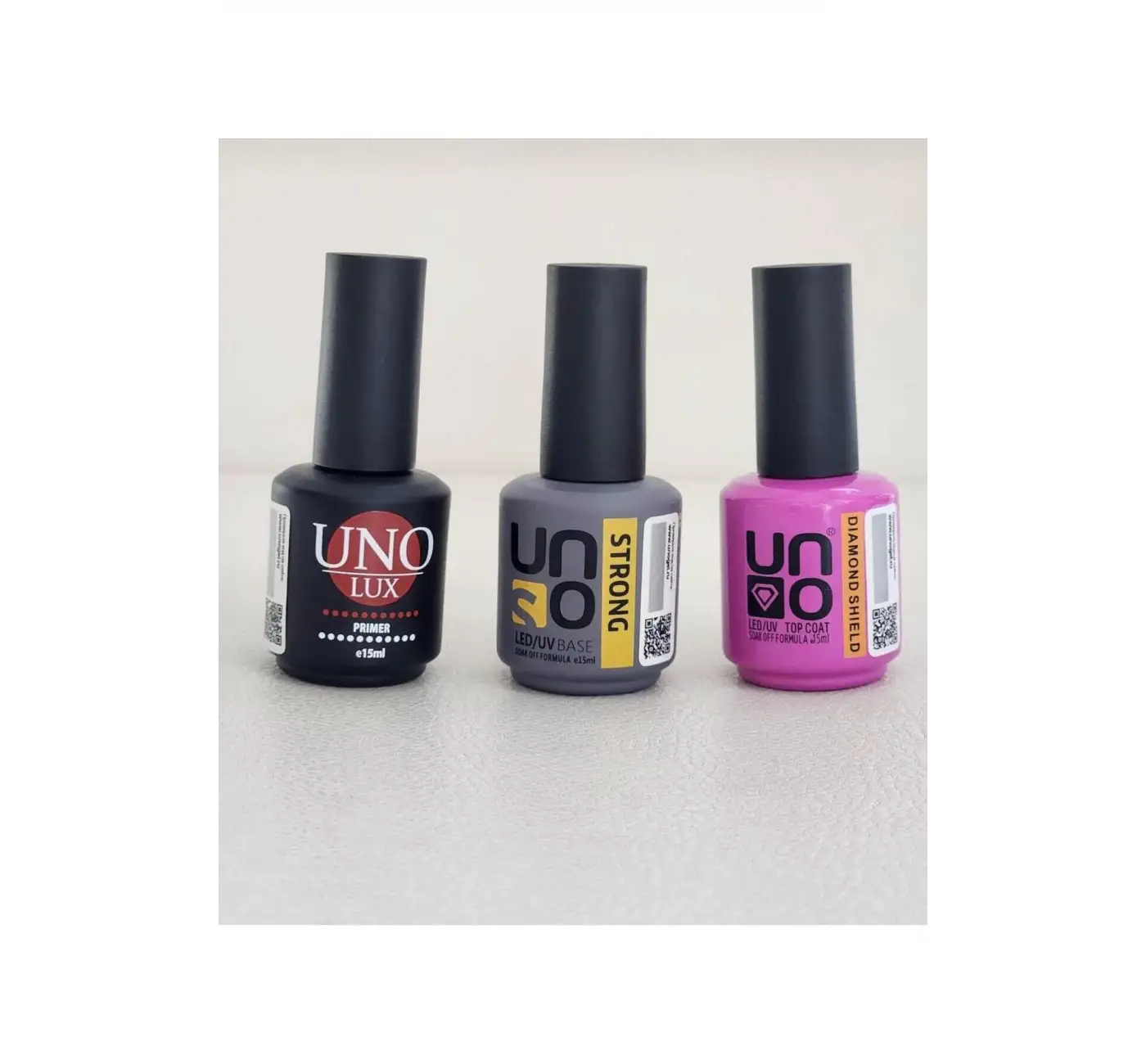 UNO GELPOLİSH Kalıcı Oje Seti Primer 15ml+ Uno Stron Base 15ml+Uno Daımond Top Coat 15ml