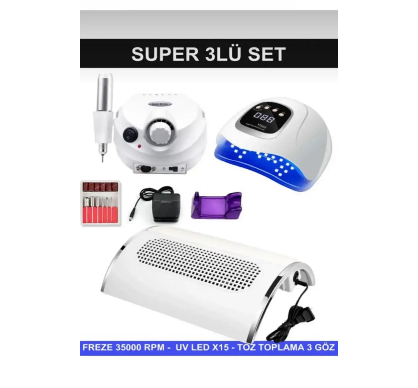 Protez Tırnak Kalıcı Oje Seti (FREZE MAKİNESİ + X15 UV/LED OJE KURUTUCU + TOZ TOPLAMA 3 FANLI)