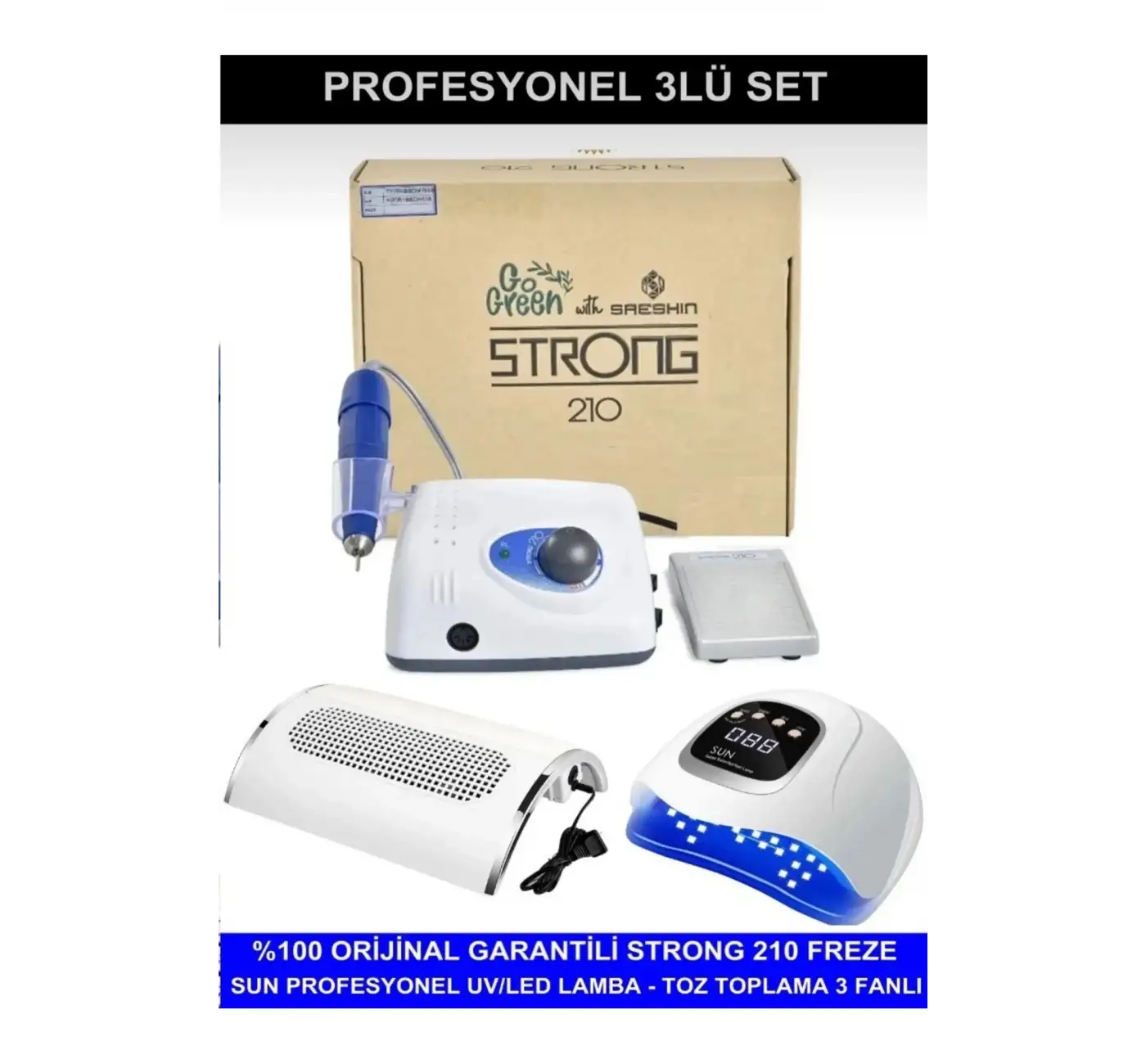 Protez Tırnak Kalıcı Oje Seti (Strong 210 Freze Makinesi + UV Led Kurutucu + Toz Toplama)