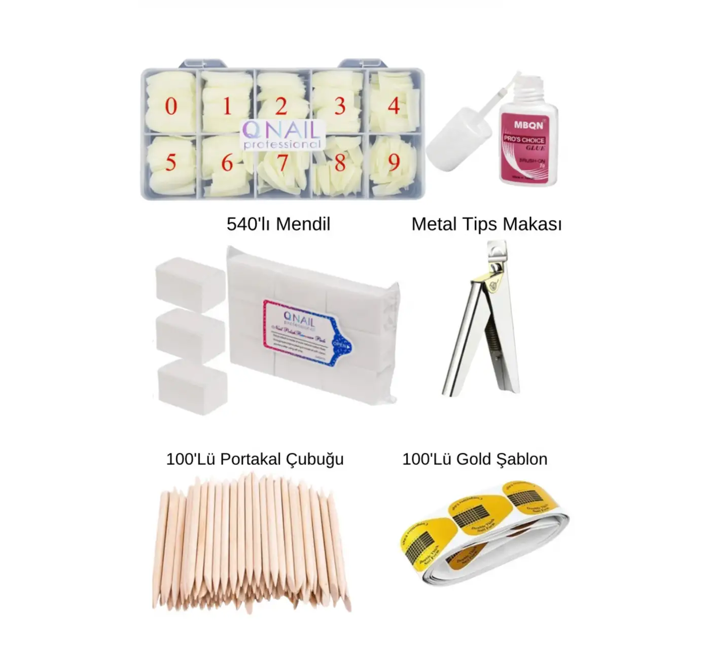 Kemik Renk Tips Mbqn 100Lü Portakal Çubuğu 100Lü Gold Şablon Metal Tips Makası 540Lı Mendil Set