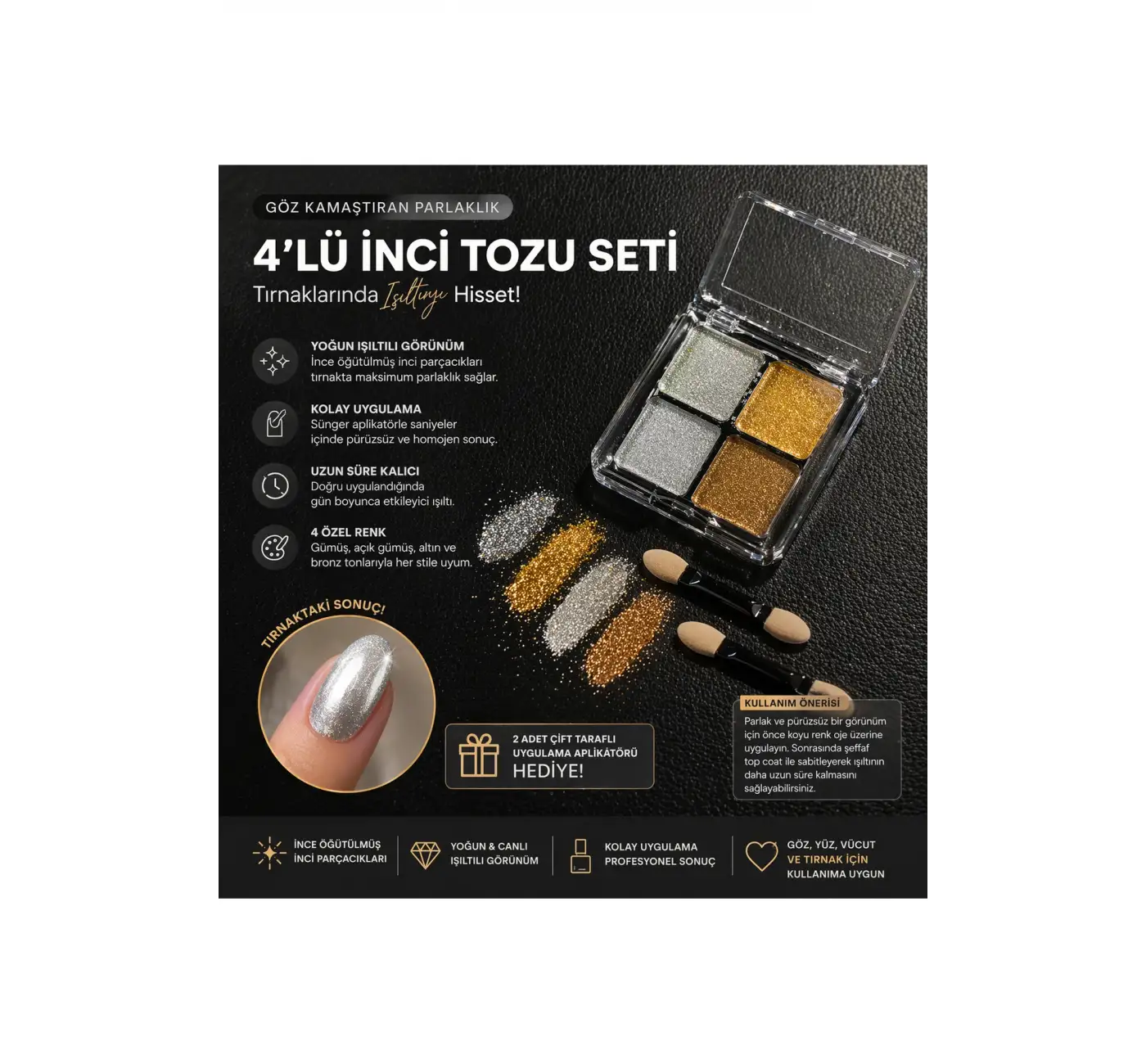 4’lü İnci Tozu Seti Tırnak Krom Efekt Ayna Parlaklığı Nail Art Pigment