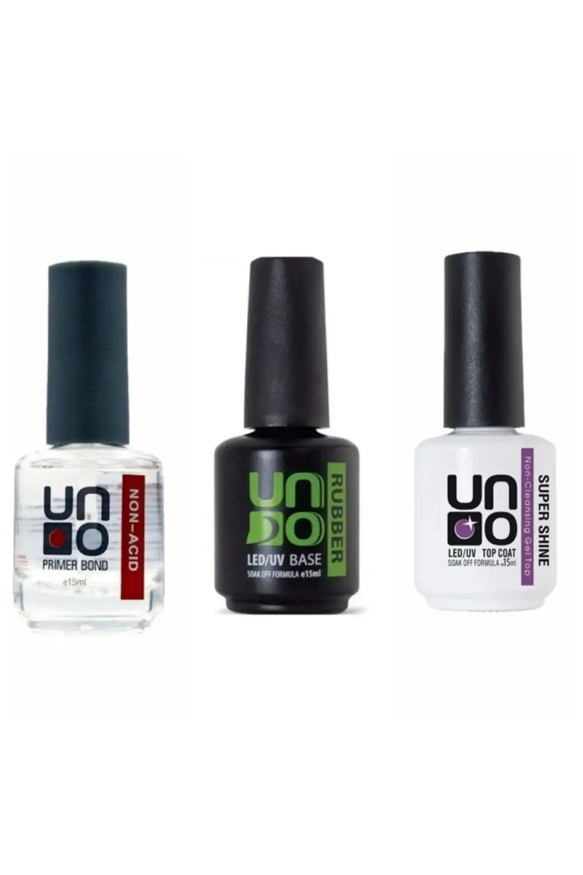 Uno rubber base coat 15 ml+Uno Super shine 15 ml+Uno Non-Acid Primer Bond 15 Ml Primer