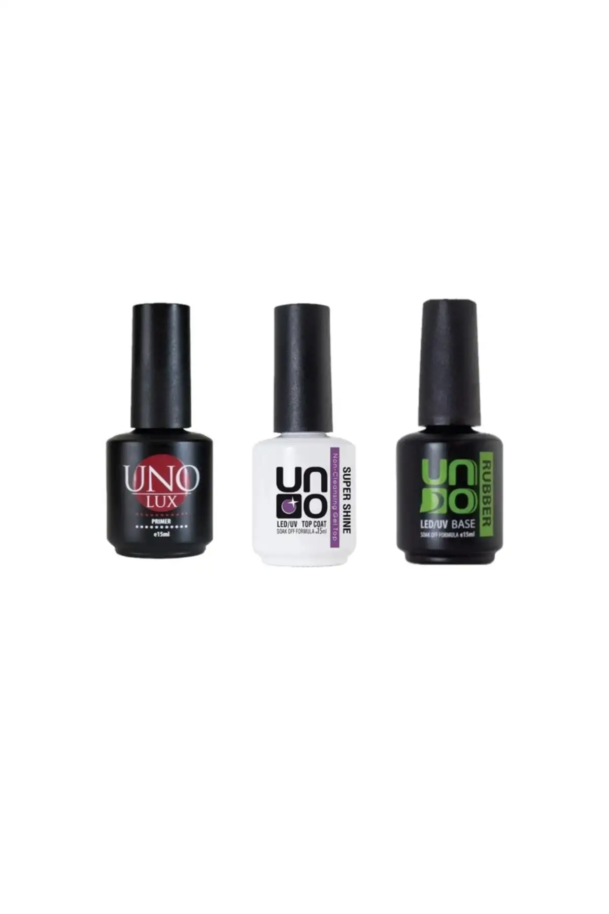 Uno rubber base coat 15 ml+Uno Super shine 15 ml+UNO Lux Primer 15 Ml