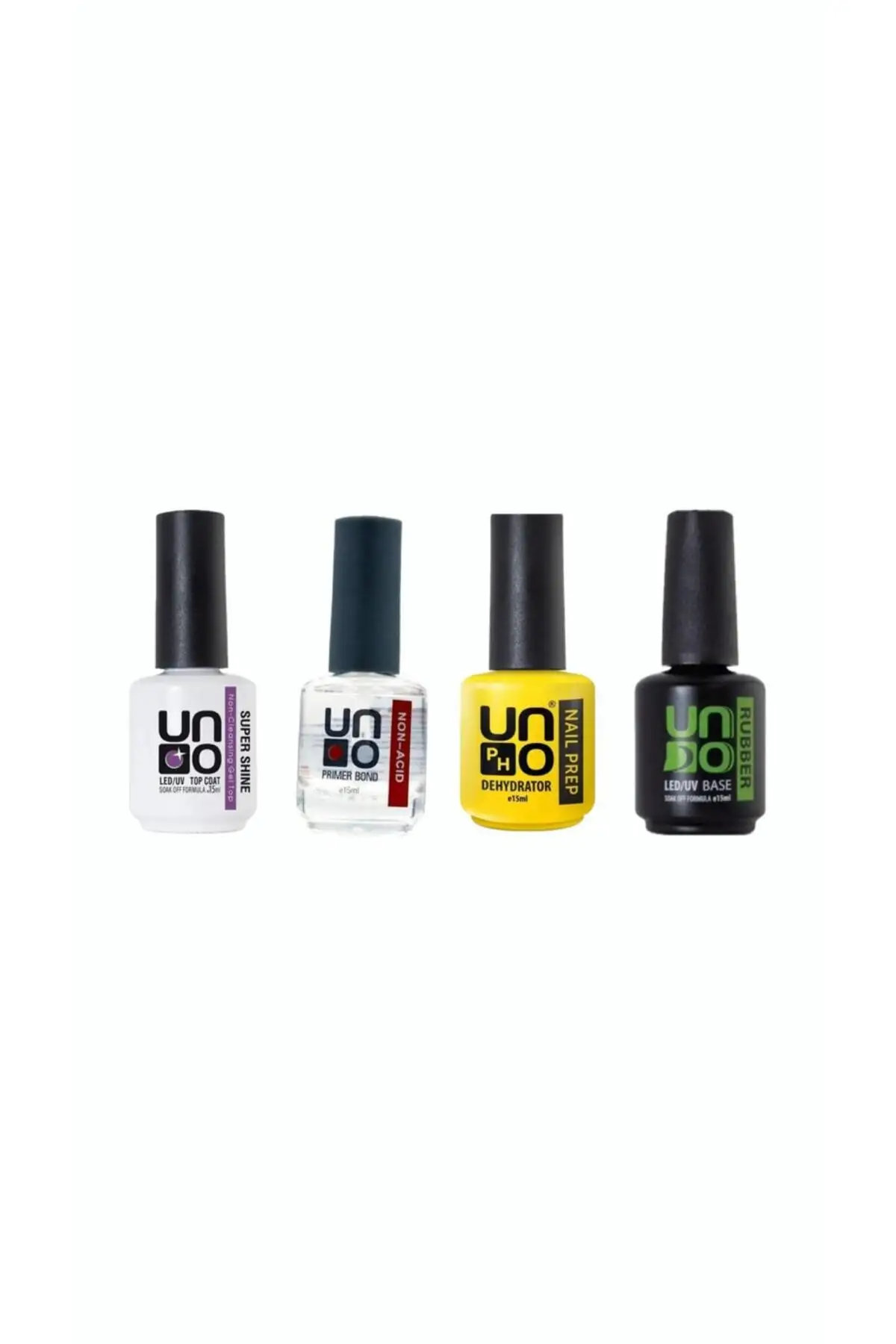 Uno super shine 15mlUno Non-Acid primer bond +Uno rubber base 15ml+Uno Nail Prep Dehydrator SETİ