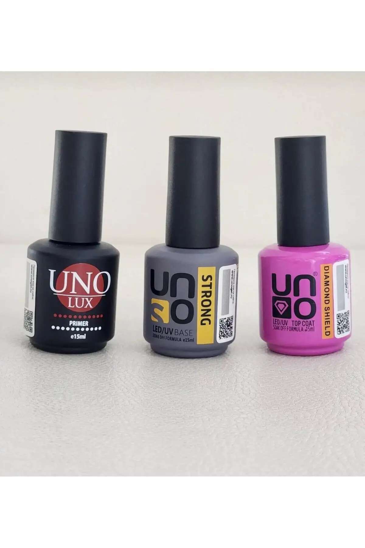 UNO GELPOLİSH Kalıcı Oje Seti Primer 15ml+ Uno Stron Base 15ml+Uno Daımond Top Coat 15ml