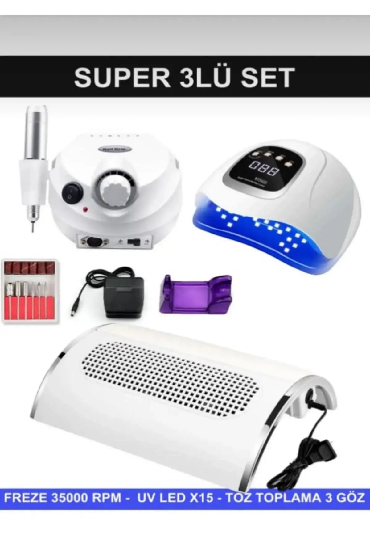 Protez Tırnak Kalıcı Oje Seti (FREZE MAKİNESİ + X15 UV/LED OJE KURUTUCU + TOZ TOPLAMA 3 FANLI)