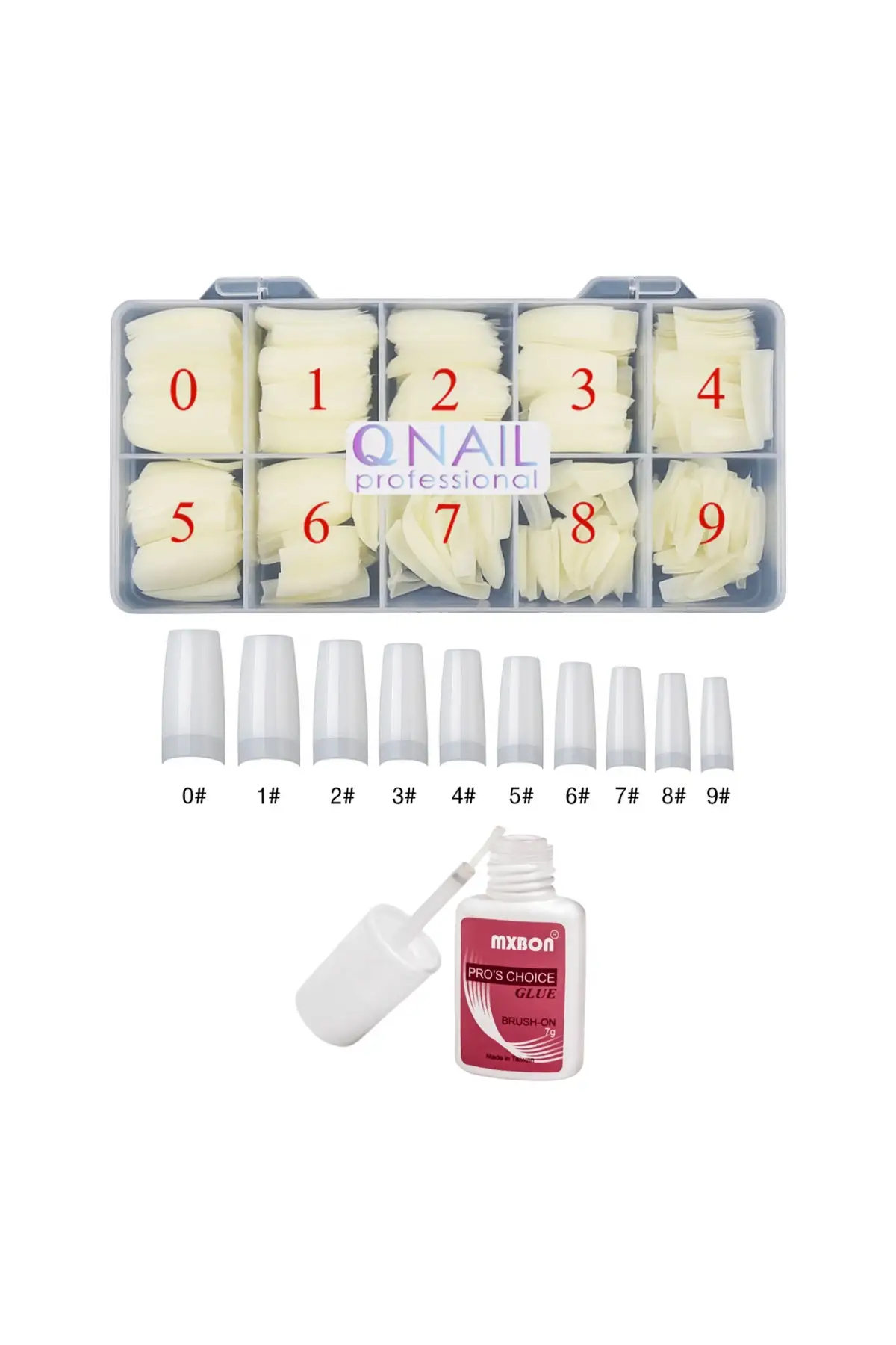 Protez Tırnak 500lü Kemik Yarım Ay Tips- MBQN Fırçalı Protez Tırnak Tips Yapıştırıcı Glue 7gr set.