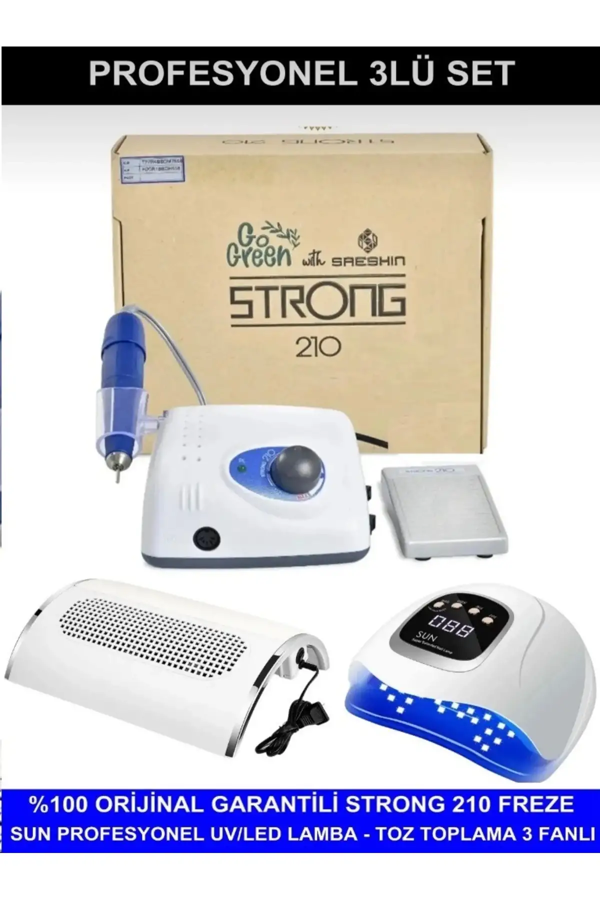 Protez Tırnak Kalıcı Oje Seti (Strong 210 Freze Makinesi + UV Led Kurutucu + Toz Toplama)
