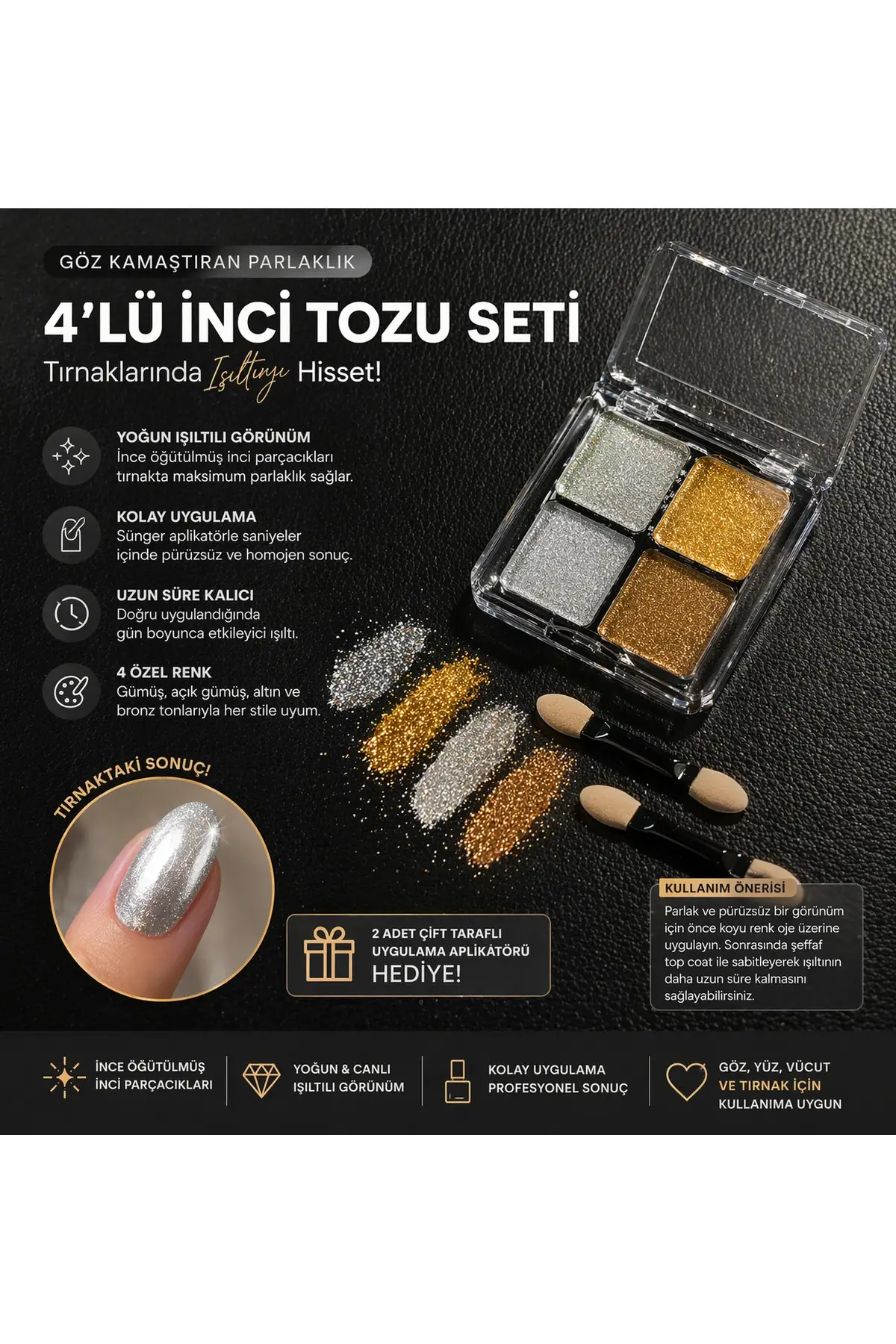 4’lü İnci Tozu Seti Tırnak Krom Efekt Ayna Parlaklığı Nail Art Pigment