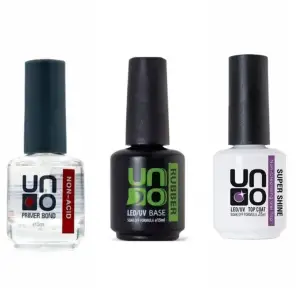 Uno rubber base coat 15 ml+Uno Super shine 15 ml+Uno Non-Acid Primer Bond 15 Ml Primer