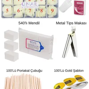 Kemik Renk Tips Mbqn 100Lü Portakal Çubuğu 100Lü Gold Şablon Metal Tips Makası 540Lı Mendil Set