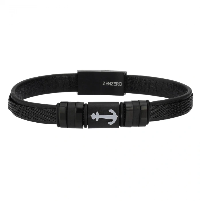 Ancora Black Erkek Deri Çelik Bileklik