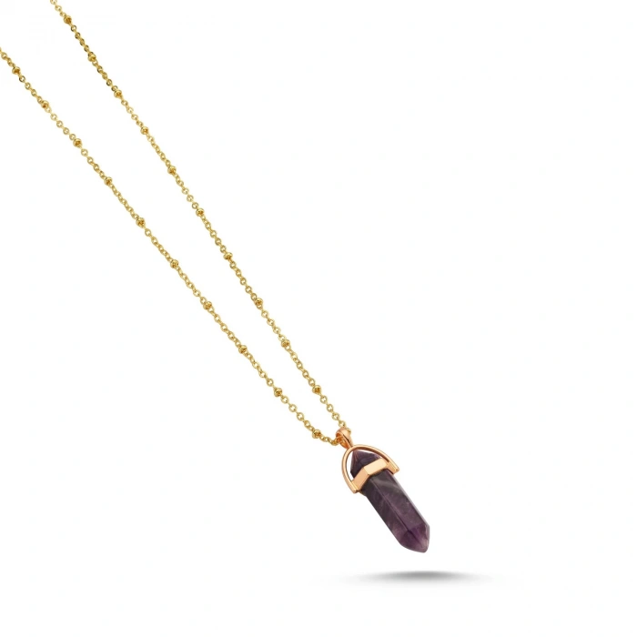 Doğal Taş Ametist Taşı Çelik Kolye