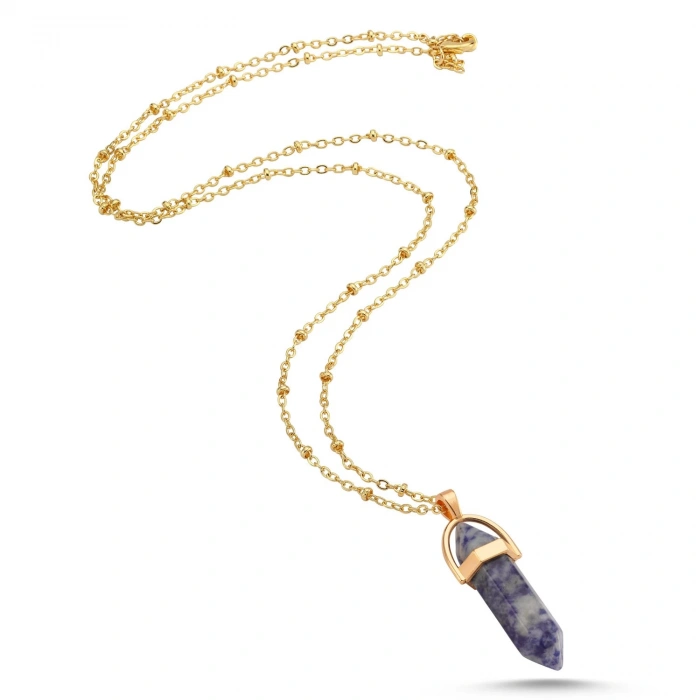 Doğal Taş Sodalit Taşı Çelik Kolye