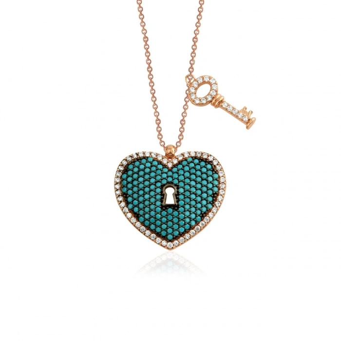 Gümüş Kalbin Anahtarı Kolye Rose